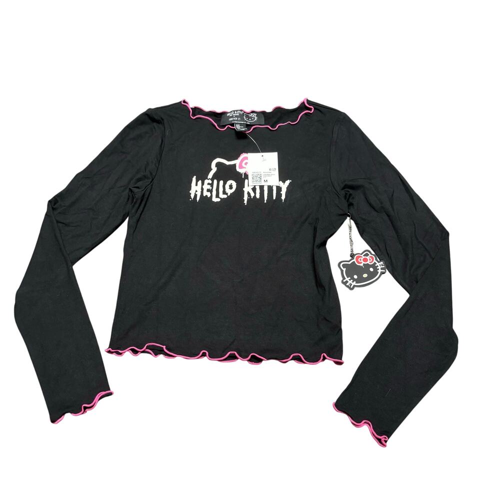 Hello Kitty & Friends Forever 21 Black Pink Lettuce Hem Long Sleeve Top Medium